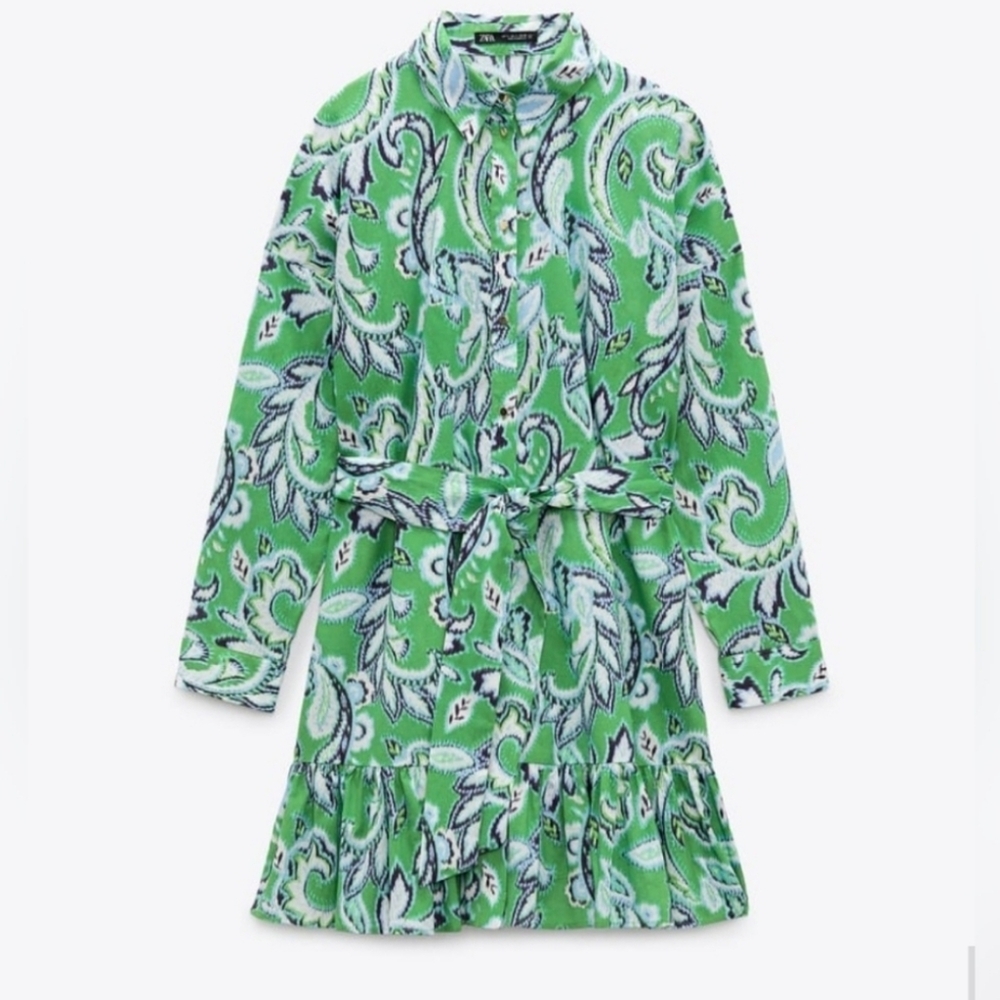 ZARA Spring Collection 2022 Blue / Green Printed Shirt Mini Dress Size L - Picture 5 of 14